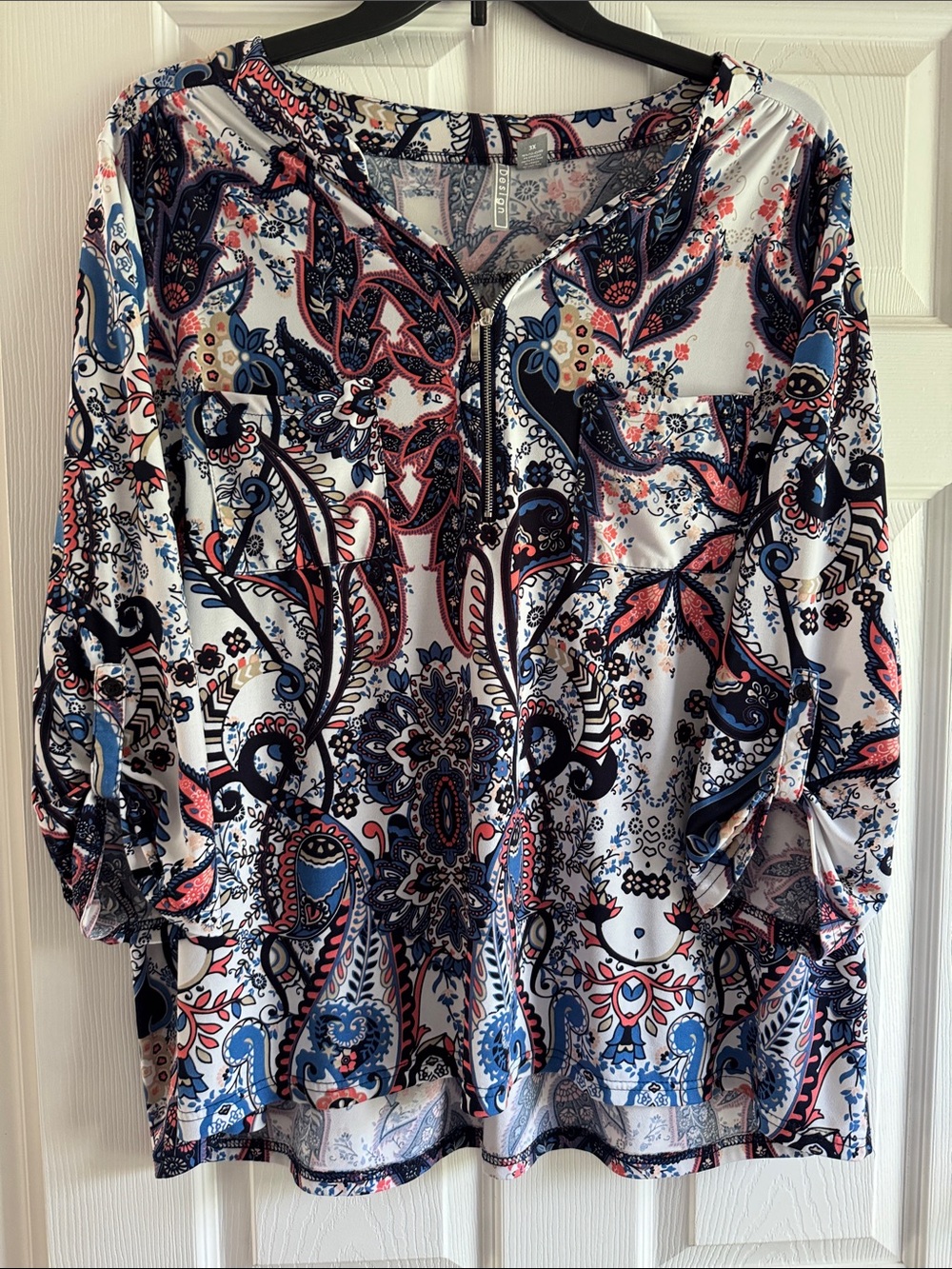 By Design Women's Paisley Zip-Front Blouse - White/Navy/Pink